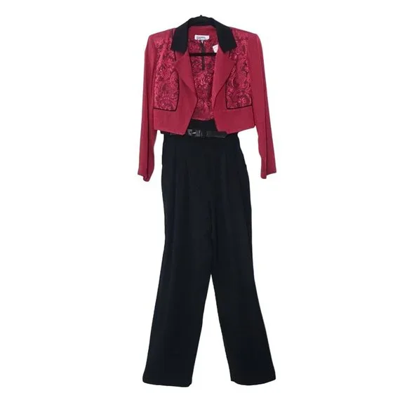Black Wine Jumpsuit, with Cropped Jacket, Jaquard Floral Pattern, by Dawn Joy II - Picture 1 of 10
